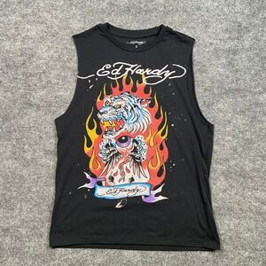 Ed Hardy Mens Tiger Flame Tattoo Graphic Sleeveless Muscle Tee Black Small‎